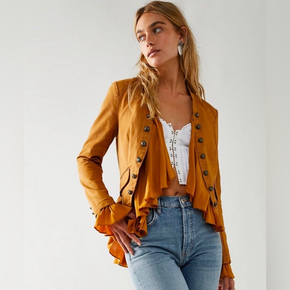 Free People Ruffles Romance Military Style Ruffle Hem Blazer Brown